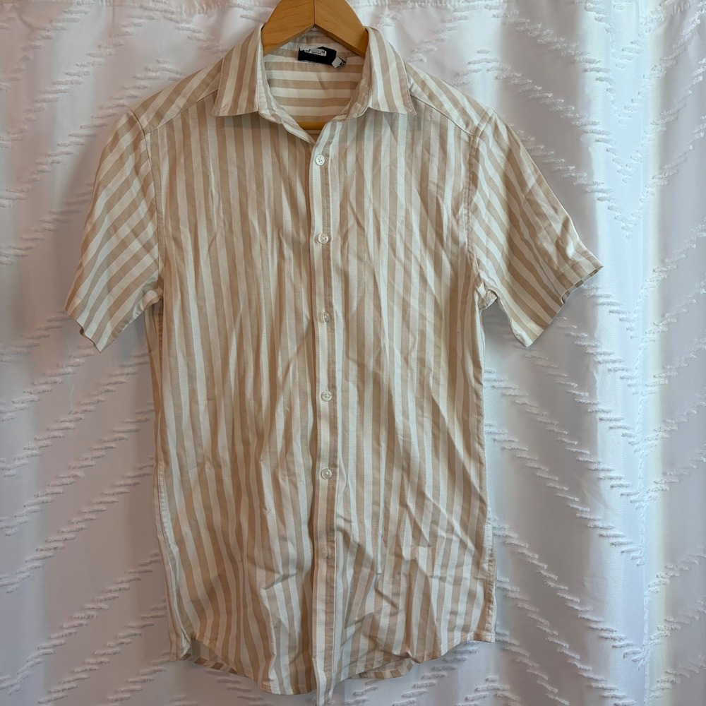 ASOS DESIGN Mens Tan White Striped Short Sleeve Button Down Shirt 2XS Cotton